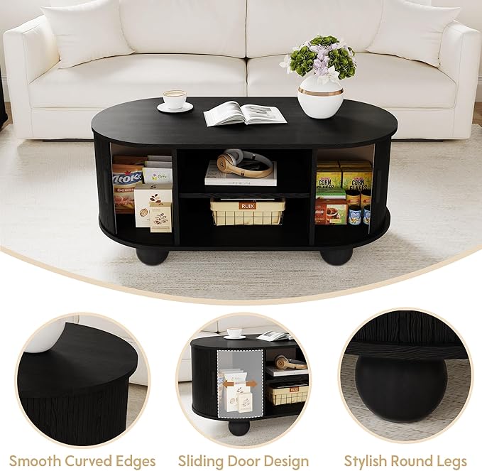 Rectangle Coffee Table, Fluted Coffee Tables for Living Room, Mid-Century Coffee Table Center Table with Storage & Sliding Doors for Apartment, Home Office (Black)