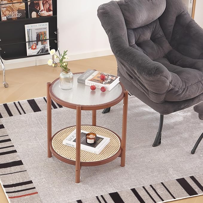 Tiita Rattan Nightstand Side Table, Bamboo Accent Bedside Tables, Glass Coffee Tables, Boho Wooden End Table with Storage for Small Space, Living Room and Bedroom