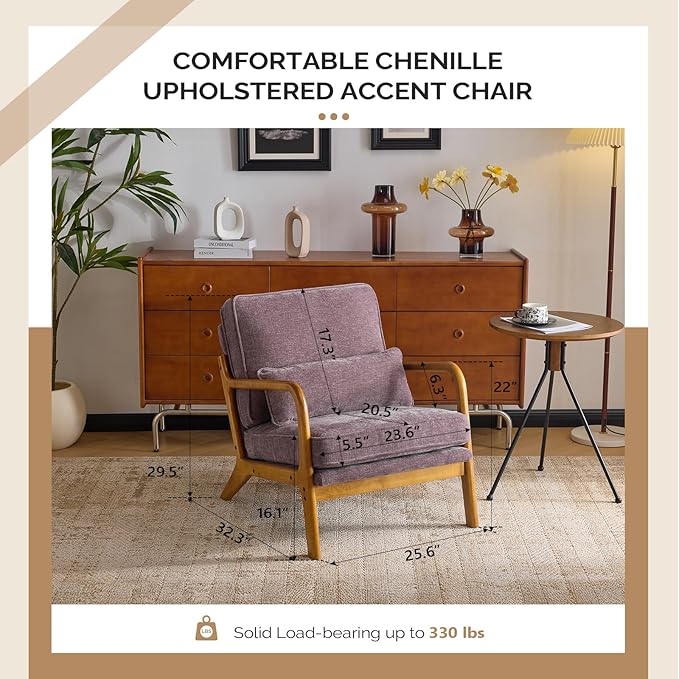 VINGLI Chenille Mid-Century Modern Accent Chair, Cute Reading Arm Chair with Cushion & Lumbar Pillow & Solid Wood Frame for Lounge, Living Room, Reading Room, Bedroom, Light Purple