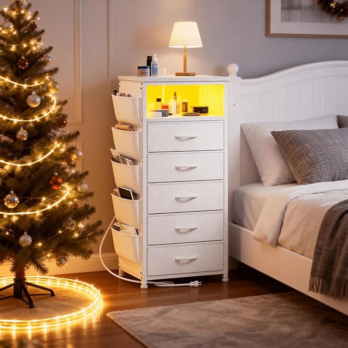 EnHomee Tall Night Stand with 5 Drawers, LED Nightstand with Ports & Outlets, White Dresser with Extra Side Bag & Storage Shelf & Hooks, Bedroom, Dorm, Closet