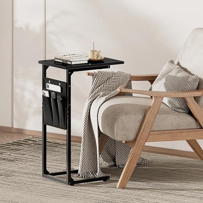 Vagusicc C Shaped End Table, Small Side Table for Couch, Couch Side Table Arm C Table for Sofa, TV Tray Slide Under Sofa Drink Table with Metal Frame for Living Room, Bedroom, Bedside, Black