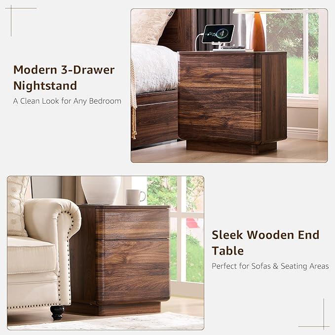 JXQTLINGMU 22" Modern Nightstand Set of 2 with Charging Station, Large Push-to-Open End Table, Wood Bedside Table, Curved Profile, Handleless 3 Drawer Night Stand for Bedroom, Living Room, Brown