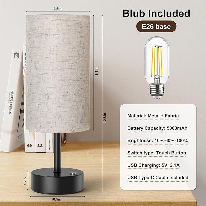 ROTTOGOON Cordless Table Lamp Touch Control Dimmable Small Bedside Table Lamps with Oatmeal Fabric Shade 5000mAh Rechargeable Battery Powered Desk Lamp for Bedroom,Home,Office,Dorm-Black