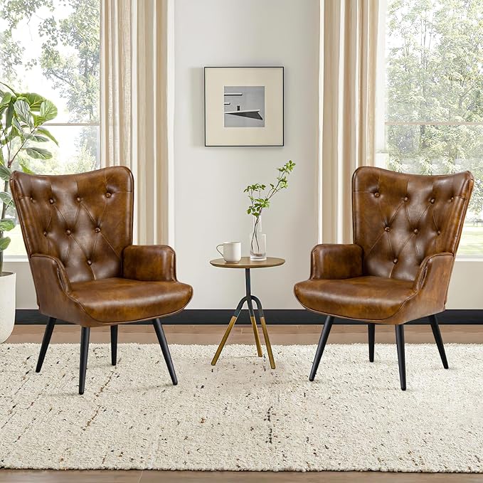 Furniliving PU Leather Accent Chair for Living Room, Upholstered Reading Chair with High Backrest, Tufted-Button Wingback Armchair for Bedroom, Dressing Room, Home Office, Brown, Set of 2