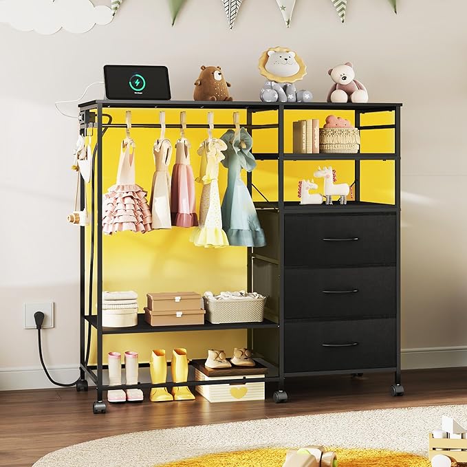 WLIVE Black Dresser with Hanging Rack for Bedroom, 3 Drawer Dresser with LED Lights & Charging Station, Fabric Dressers & Chest of Drawers, Storage Organizer with Open Shelves for Living Room