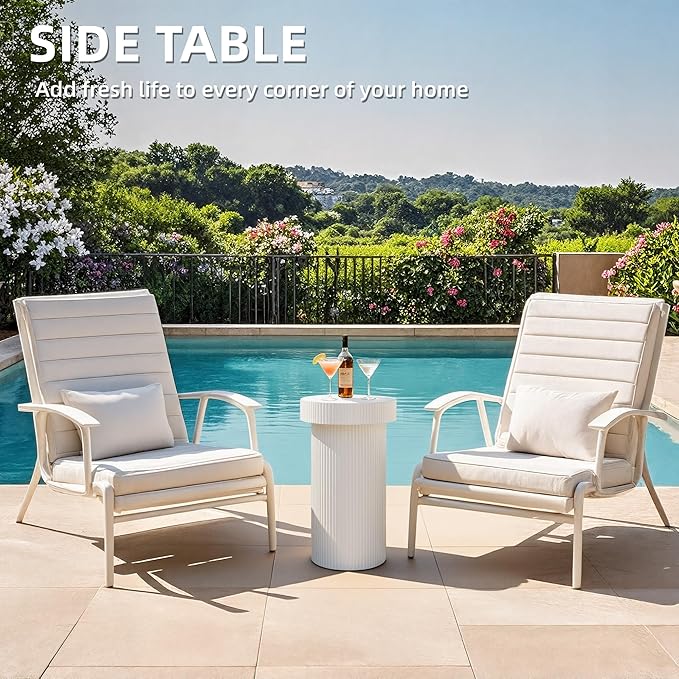 Side Table, 24" Pedestal End Table, 3-in-1 Durable Lightweight Round Coffee Table, Decorative Patio Accent Table Fluted Garden Stool Art Decor for Poolside, Balcony, Living Room,White