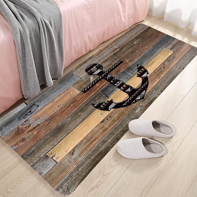 Bath Rugs Sponge Foam Absorbent Soft for Bathroom and Kitchen (71 x 24 inches),Flannel Mat Non Slip Bright 3D Print for Bedside and Living Room(Old Wooden Plank Anchor)