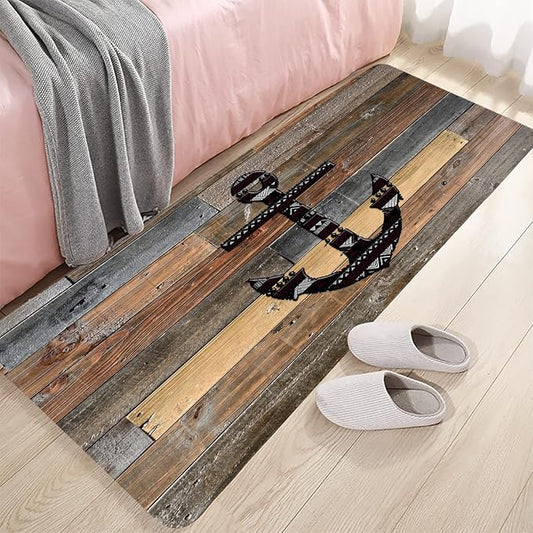 Bath Rugs Sponge Foam Absorbent Soft for Bathroom and Kitchen (71 x 24 inches),Flannel Mat Non Slip Bright 3D Print for Bedside and Living Room(Old Wooden Plank Anchor)