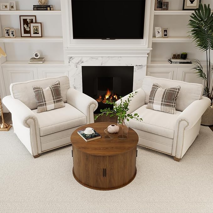 SoarFlash 31.5 Inch Fluted Coffee Table with Storage, Mid Century Modern Round Coffee Table with Shelf, Center Table with Sliding Door and Wood Fluted Handle for Living Room, Walnut