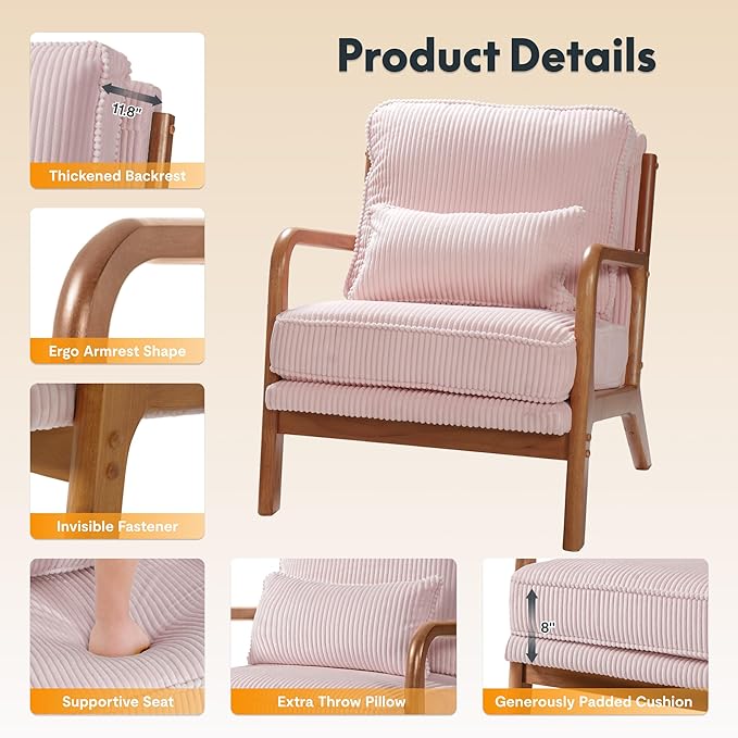 FLEXISPOT AC1 Accent Chairs Set of 2, Upholstered Mid Century Modern Corduroy Armchairs with Solid Wood Frame, Comfy Lounge Reading Chairs Farmhouse Armchairs for Living Room, Bedroom, Balcony (Pink)