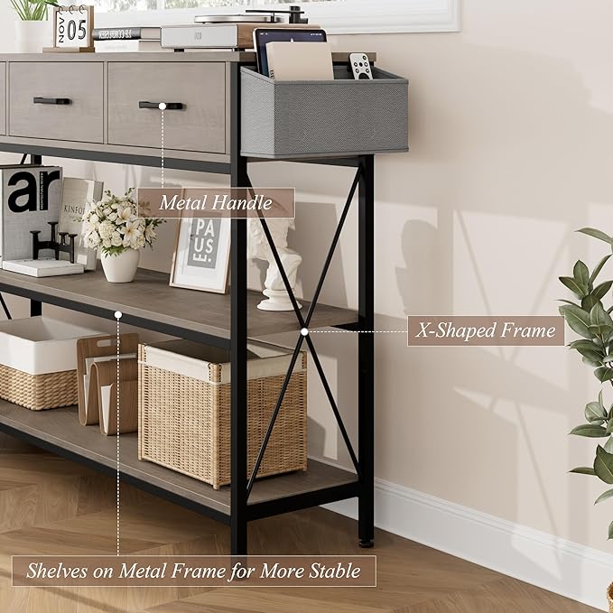 HITHOS 47.2" Long Console Table with 3 Drawers and 3-Tier Storage Shelves, Industrial Sofa Table for Living Room Entry Way