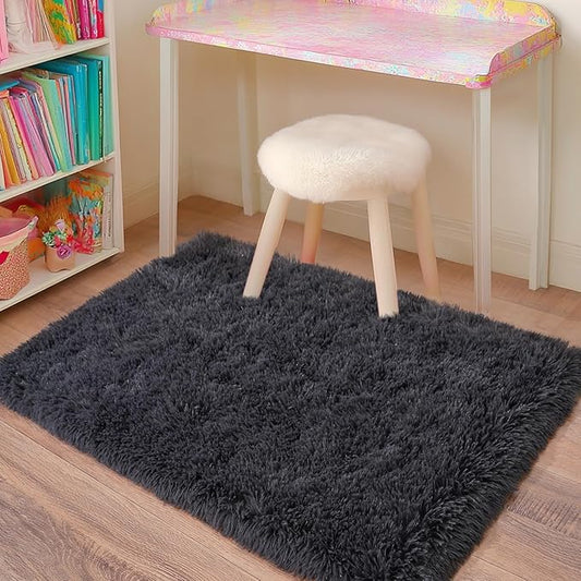 Small Rugs for Bedroom, Fluffy 2x3 Rug Throw Non Slip for Bedside Dorm Kids Room, Plush Comfy Shag Carpet for Home Decor Aesthetic, Charcoal Gray