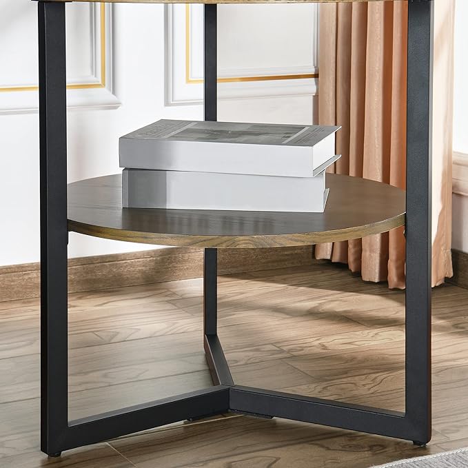 Round End Table with Storage Shelf, 25in Circel Accent Side Table with Metal Legs, 2-Tier Industrial Sofa Side Table for Living Room Bedroom, Yellowish Brown