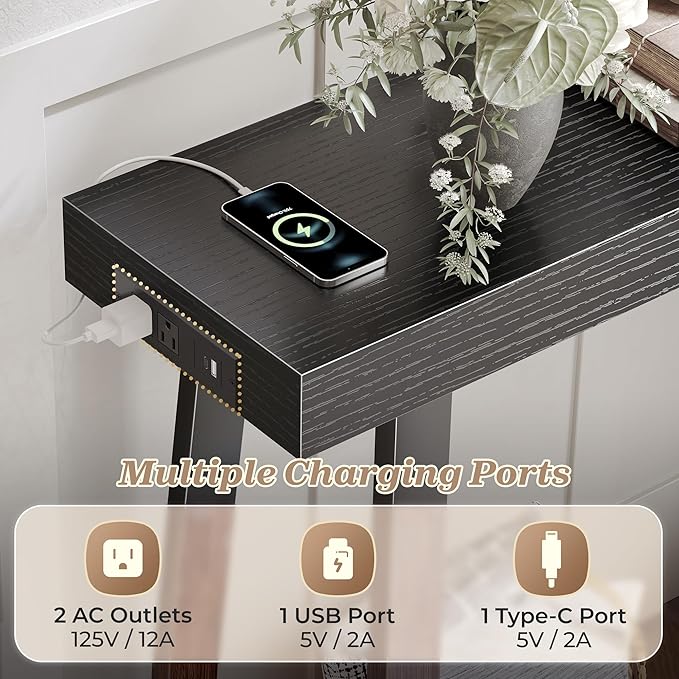 Huuger Entryway Console Table with Charging Station, USB-C Port, 53.9 Inch Sofa Table with Metal Legs, Entry Hallway Table with Deeper Desktop, Modern Behind Couch Table, Black