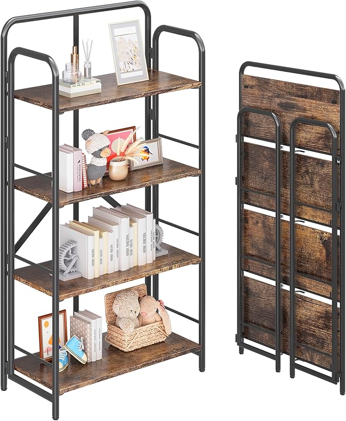 4NM No Assembly Folding Bookshelf, 4 Tiers Collapsible Book Shelves Open Industrial Foldable Storage Bookcase Shelf for Bedroom, Living Room, Home Office - Rustic Brown and Black