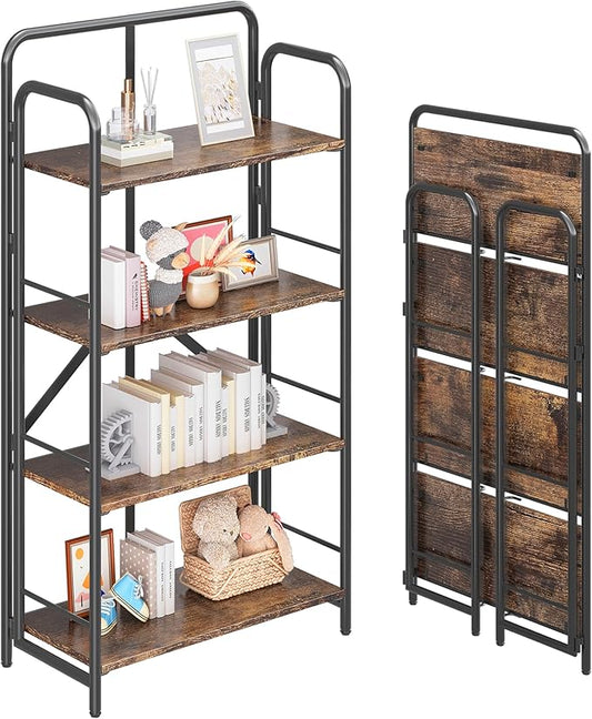 4NM No Assembly Folding Bookshelf, 4 Tiers Collapsible Book Shelves Open Industrial Foldable Storage Bookcase Shelf for Bedroom, Living Room, Home Office - Rustic Brown and Black