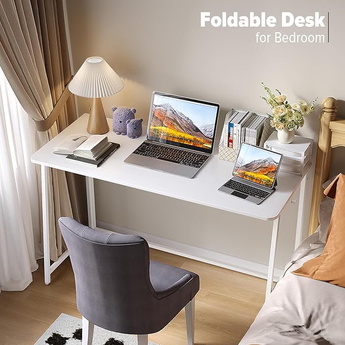 WOHOMO Folding Desk, 47.2" Foldable Computer Desk for Bedroom, Space Saving Computer Table Writing Workstation for Home Office, Easy Assembly, White