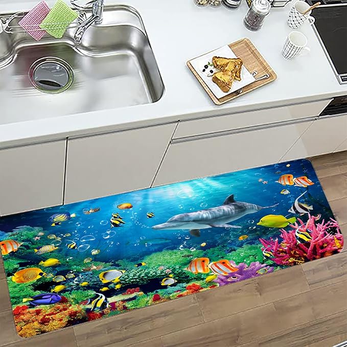 Bath mats in Bathroom and Kitchen Sponge Foam Carpet absorbs Soft (71 x 24 inches), Flange mats in Bedside and Living Room are Non Slip and Bright 3D Printing (Dolphin Underwater World)