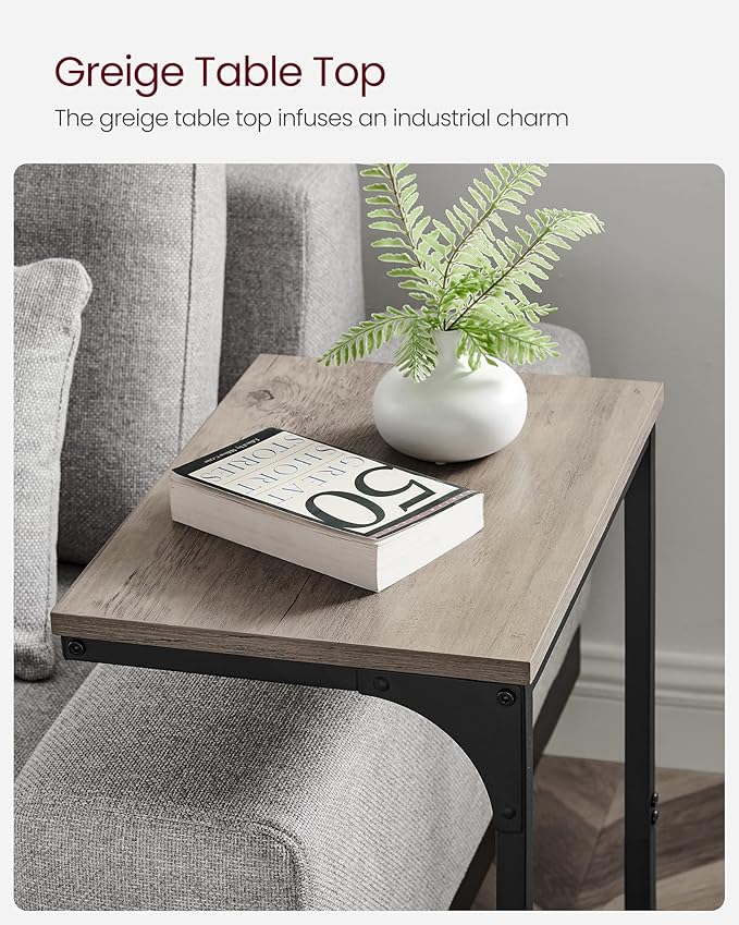 VASAGLE C-Shaped End Table, Side Table for Sofa, Couch Table with Metal Frame, Small TV Tray Table for Living Room, Bedroom, Greige and Black