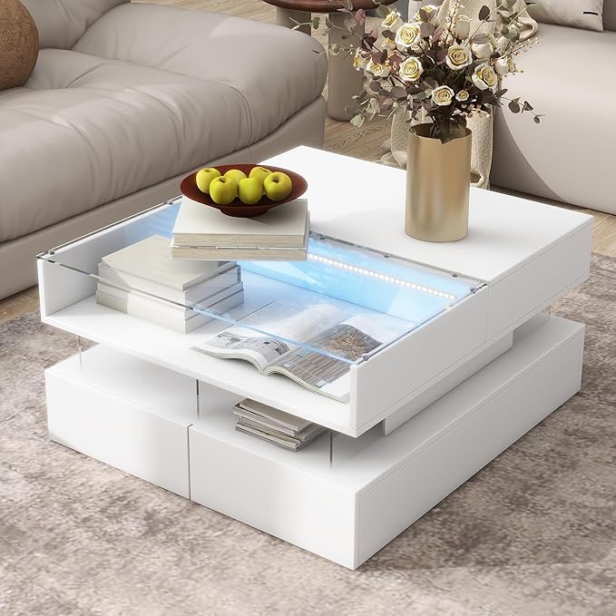 29.5" Lift Top Coffee Table with 2 Drawers and LED Lights, Modern Square High-Gloss Center Table Cocktail Tea Table with Glass Top and Hidden Space for Living Room Apartment White