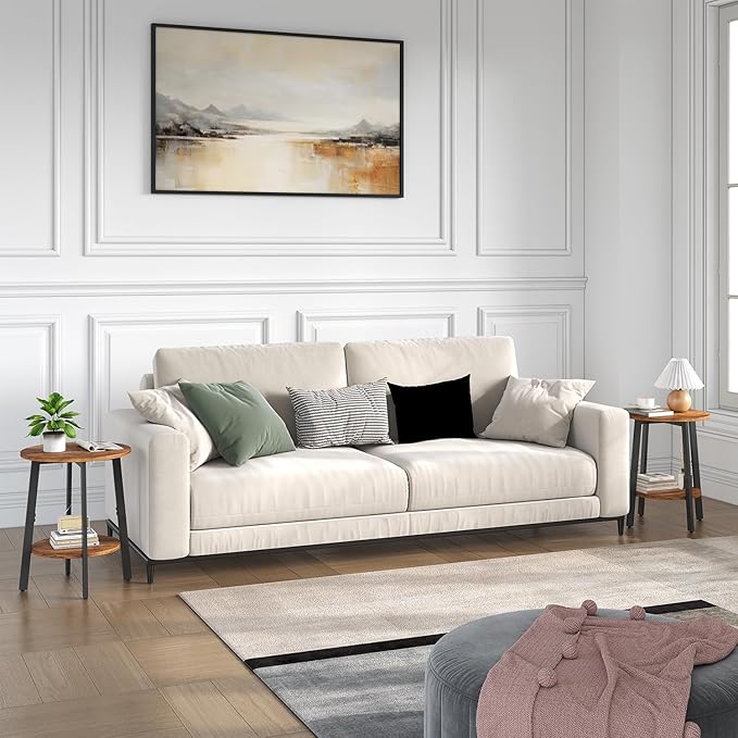 Side Table Set of 2, Small Round End Table with Storage Shelf for Small Space, 2-Tier Bedside Table Sofa Couch Table, Nighstands Set of 2 Accent Table for Living Room, Bedroom, Rustic Brown