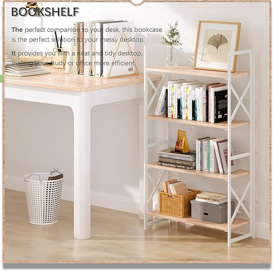 4NM 4 Tiers No Assembly Book Shelves, 41.3" H Folding Bookshelf Bookcase Open Industrial Foldable Shelves for Bedroom, Living Room, Home Office - Natural White
