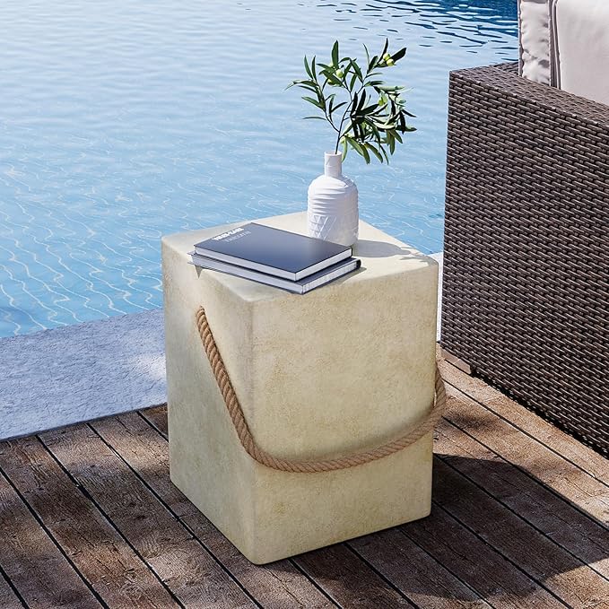 SUNBURY Outdoor Side Table, Concrete Side Table for Patio,18" H Small End Table w Hemp Rope, Indoor & Patio Accent Table Coffee Table Warm Gray, Stone Side Table Garden Plant Stands