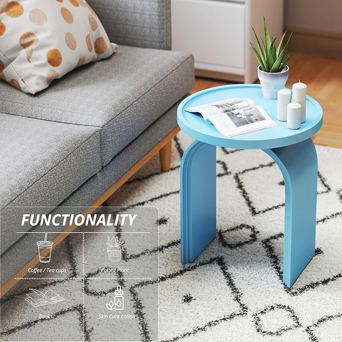 Round Side Table, Modern Wood End Table with Sturdy Base, Small Blue Drink Table for Living Room, Bedroom and Small Spaces