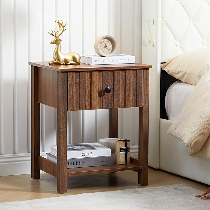 Wood Nightstand, 21.65" H Bedside Table with Wide Fluted Finish, Modern Night Stands with Drawer, Mid Century End Table for Bedroom (Walnut)