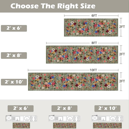 Rug for Hallways Kitchen Rug 2x6 Green, Non Slip Washable Rugs with Rubber Backing Soft Floral Carpet Runner for Hallways, Kitchen, Laundry, Bedroom, Bathroom (2 x 6, Green Lawn)