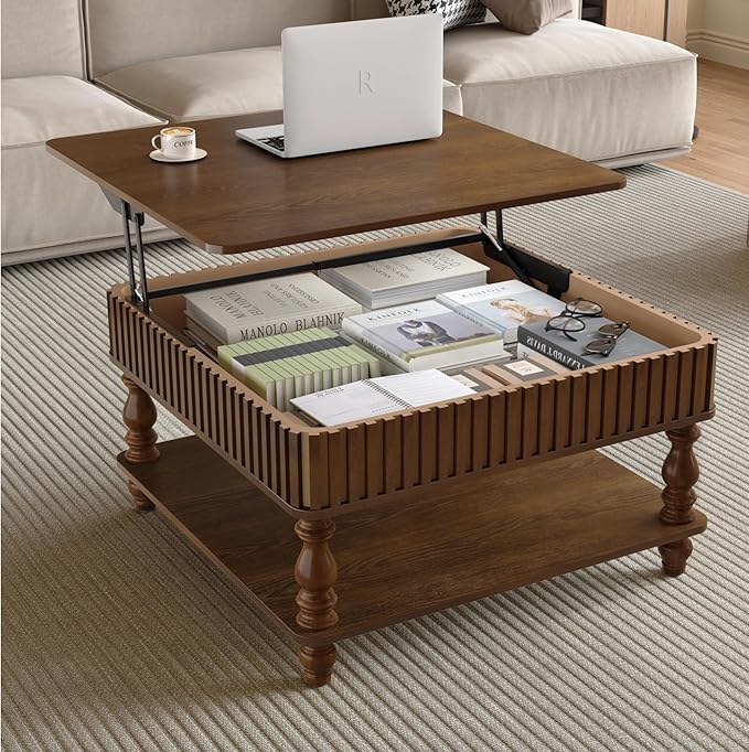 31.5" Lift Top Fluted Coffee Table with Hidden & Open Storage, Modern Square Wooden Center Table Cocktail Tea Table with Curved Safety Corners and Adjustable Height for Living Room, Walnut