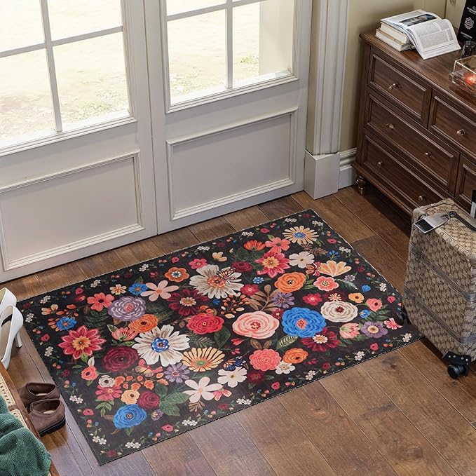 Black Floral Rug for Entryway, 2x3 Washable Kitchen Mat Ultra-Thin Soft, Non-Slip Indoor Door Carpet Stain Resistant Boho Small Low-Pile Throw for Bathroom Bedroom (2 x 3, Black Garden)