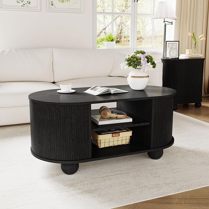 Rectangle Coffee Table, Fluted Coffee Tables for Living Room, Mid-Century Coffee Table Center Table with Storage & Sliding Doors for Apartment, Home Office (Black)