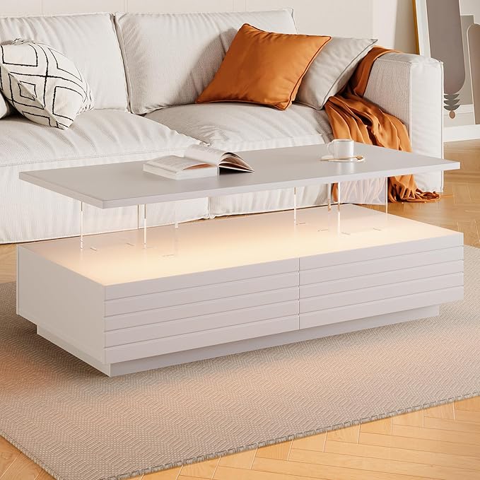 Modern White Rectangular LED Lights Coffee Table with 2 Drawers in 47.2"