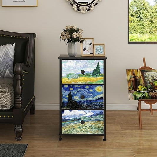 Dresser with 3 Drawers Van Gogh Drawer Dresser for Bedroom Narrow Nightstand Small Dressers & Chests of Drawers for Halfway Entryway Closets Living Room Sturdy Steel Frame Wood Top