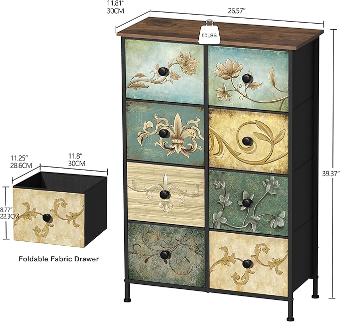 Tohomeor Narrow Storage Dresser Slim Dresser with Retro Flowers Fabric Drawers Vertical Skinny Cabinet for Small Spaces,Bathroom,Bedroom Closet Nightstand,Entryway Organizer (Retro Flower, 8 Drawers)
