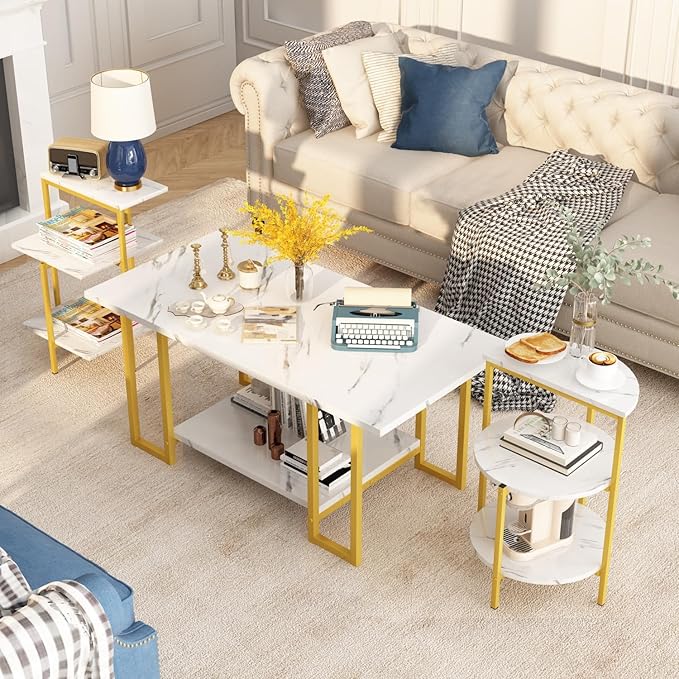 AWQM Faux Marble Table Set, Coffee Table & 2 Side Table, Faux Marble Tabletop and Metal Frame, 3 Piece Table Sets, for Living Room Apartment, White & Gold