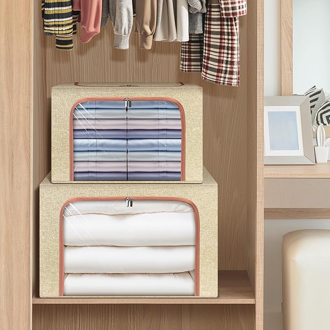 3 Pack Foldable Storage Bins with Metal Frame, Large Capacity Stackable Clothes Organizer with Clear Window & Carry Handles, Linen Fabric Storage Boxes for Closet (Beige, 3PCS-Large-66L)