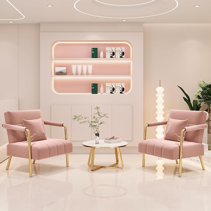 Yaheetech 30" W Accent Chair Velvet Oversized Armchair Living Room Chair with Golden Frame & Cozy Pillow for Living Room, Bedroom, Office Pink