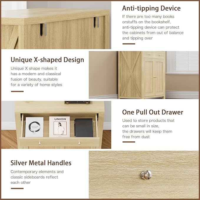 31" Buffet Cabinet with Storage, Rattan Decor Doors, Sideboard Cabinet with Doors & Adjustable Shelves, Ideal for Entryway, Kitchen & Living Room