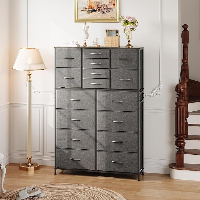 Tall Console Table with 16 Fabric Drawers, Entryway Table with Storage, Large Storage Organizer with Wood Top, Steel Frame for Living Room, Hallway, Office, Dark Grey