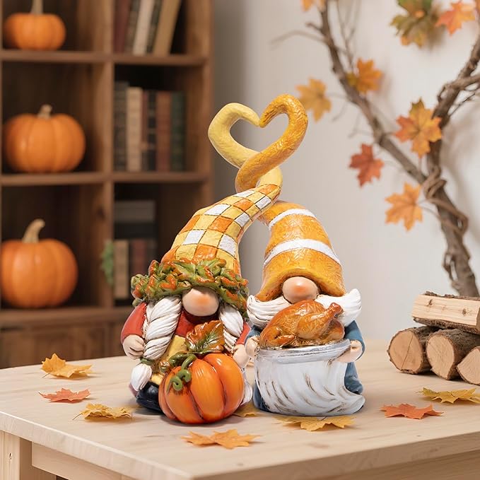 Hodao Thanksgiving Decorations for Table, Resin Fall Thanksgiving Gnome Figurines with Turkey, Pumpkin & Heart, Festive Gift for Autumn Home Decor - 2 Pcs