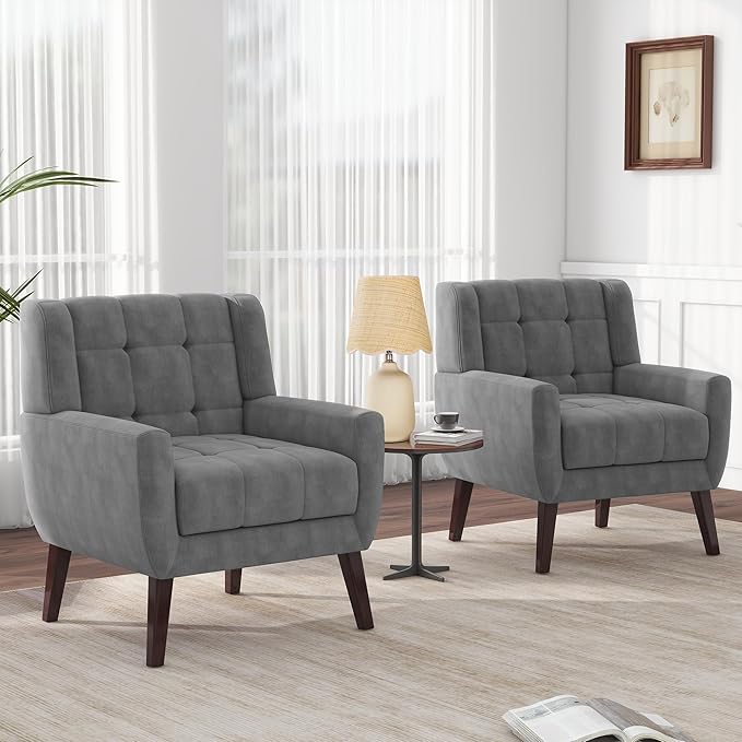 2 Pack Mid Century Modern Accent Chairs, Button Tufted Velvet Upholstered Armchairs with Arms - Matching Set for Living Room, Comfortable Sofa Chairs for Bedroom & Home Office, Compact, Gray