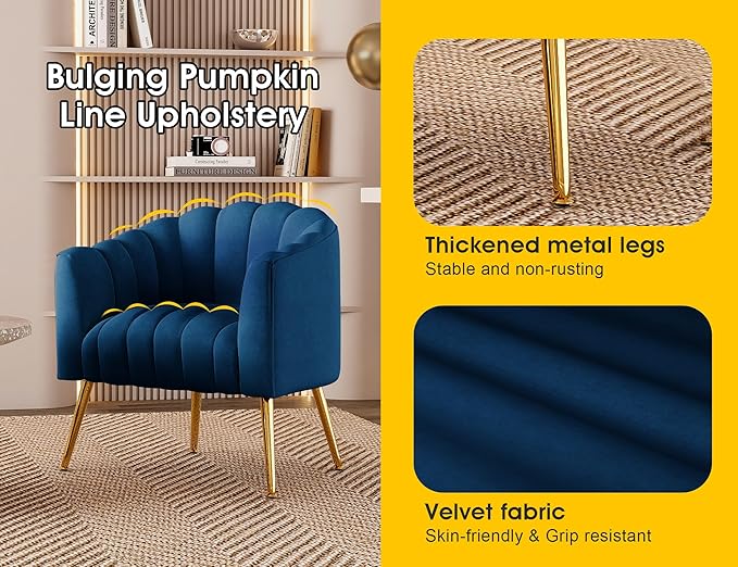 Oversized Pumpkin Couch Accent Chair, Modern Comfy Velvet Upholstered Barrel Chairs, Luxury Single Sofa Armchair for Living Room, Waiting Room, Office and Vanity, (Navy)