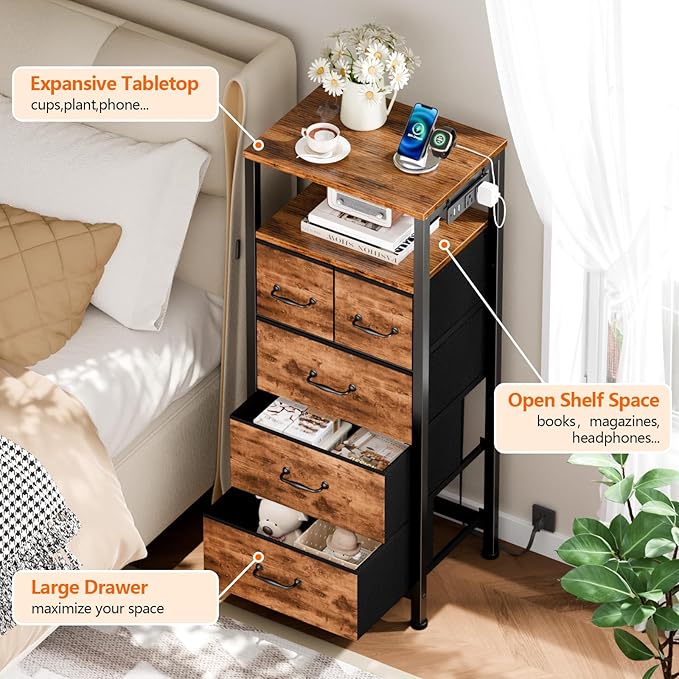 Furnulem Dresser for Bedroom, Tall Nightstand, Vertical Chest with Wood Top, Charging Station, LED Lights, 5 Fabric Bins, Bedside Table with Shelf, Furniture for Entryway (5 Drawer, Rustic Brown)