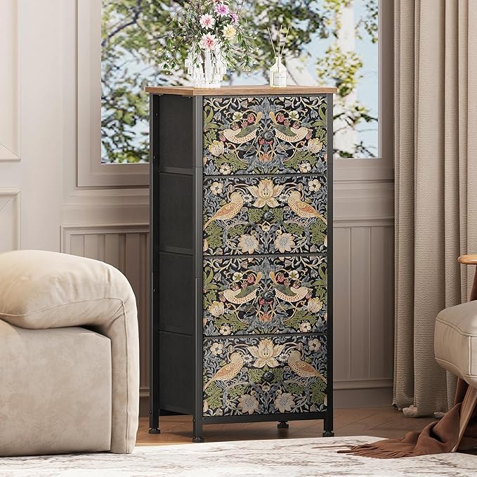 Dresser for Bedroom with 4 Drawer Strawberry Thief Dresser Vintage Storage Tower Unit Nightstand for Living Room Hallway Kids Room Closet Sturdy Steel Frame Wooden Top, Brown