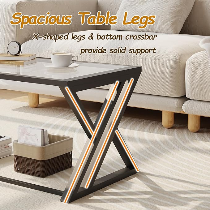 Coffee Table Black Glass Coffee Table for Living Room,Modern Rectangular Center Table with Sturdy Metal Frame,Tempered Glass Table Tea Tables for Bedroom Home Office