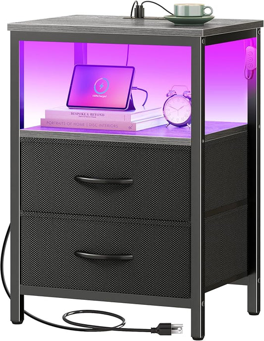 Huuger Night Stand with Charger Station and LED Lights, 2 Drawer Nightstand, Bed Side Table with Open Shelf, End Table, Fabric Dresser for Bedroom, Grey
