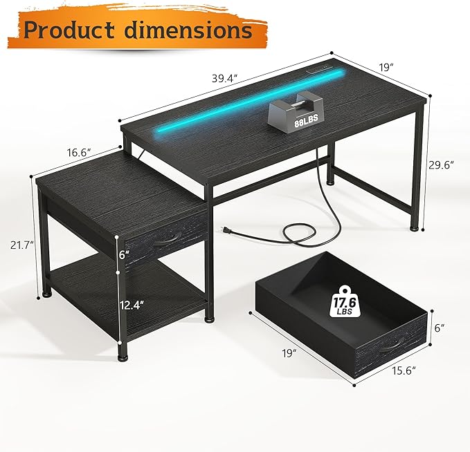 56 Gaming Desk with Drawers & Printer Shelf,Computer Desk with LED Lights & Power Outlet,Home Office Desk with Hook,Reversible Corner Work Study Desk for Bedroom,Black Desk