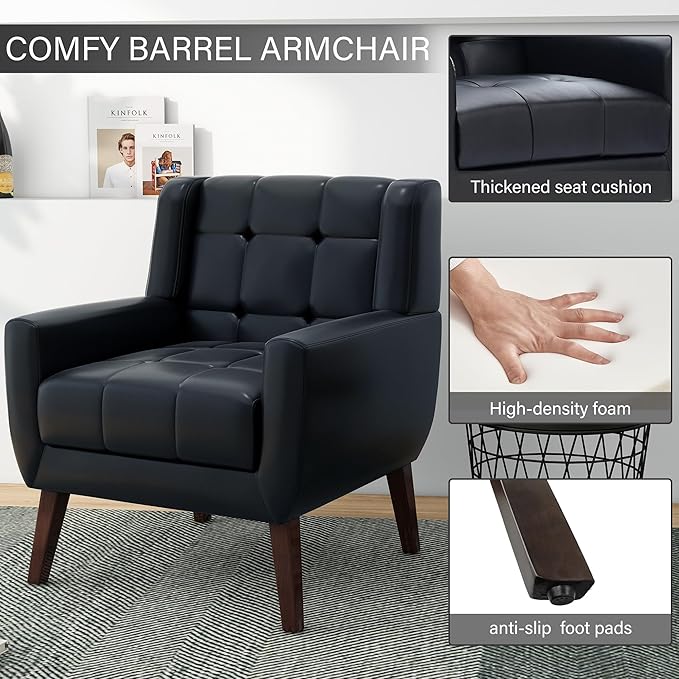 Pia Ricco 2 Pack Mid Century Modern Accent Chairs, Button Tufted Faux Leather Armchairs - Easy-Clean Matching Set for Living Room, Durable Sofa Chairs for Home Office & Lounge, Black